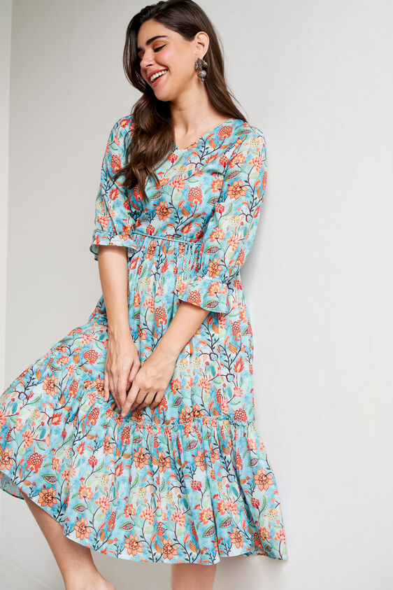 Blue Floral Flared Dress, Blue, image 3